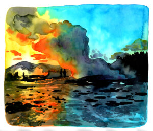 Interprétation à l'aquarelle des geysers Islandais au soleil couchant