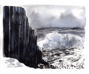 Interprétation à l'aquarelle et à l'encre des colonnes de basalt de la plage de sable noir de Reynisfjara