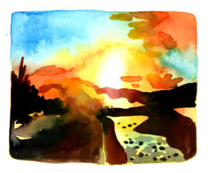 Interprétation à l'aquarelle des geysers Islandais au soleil couchant